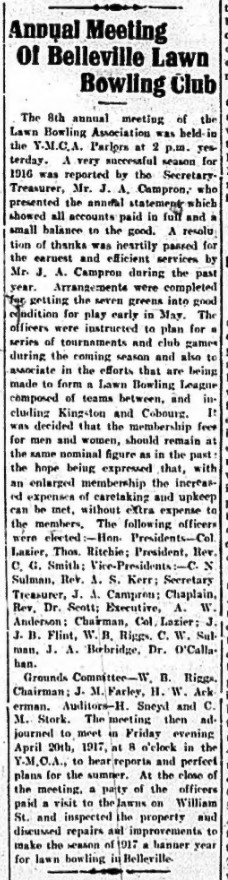 Article about a meeting of the Belleville Lawn Bowling Club held in April 1917.