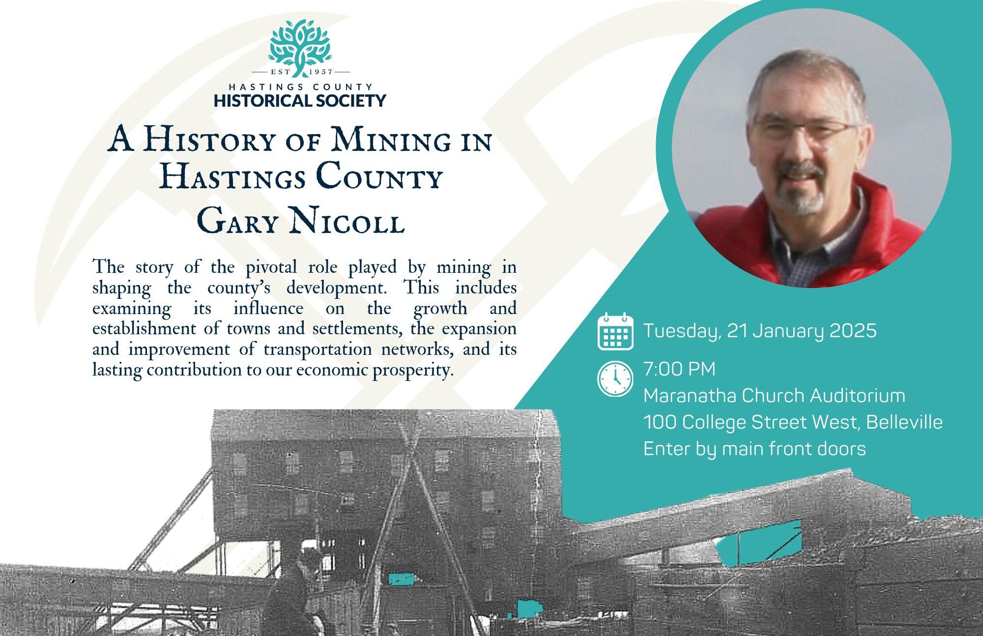 Poster advertising a talk by Gary Nicoll on the history of mining in Hastings County, to be held on January 21, 2025 at 100 College Street West, Belleville at 7pm.