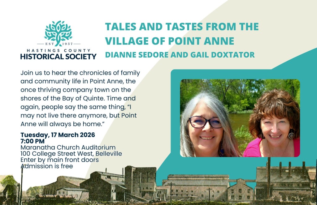 Poster advertising a public presentation about Point Anne by Dianne Sedore and Gail Doxtator.