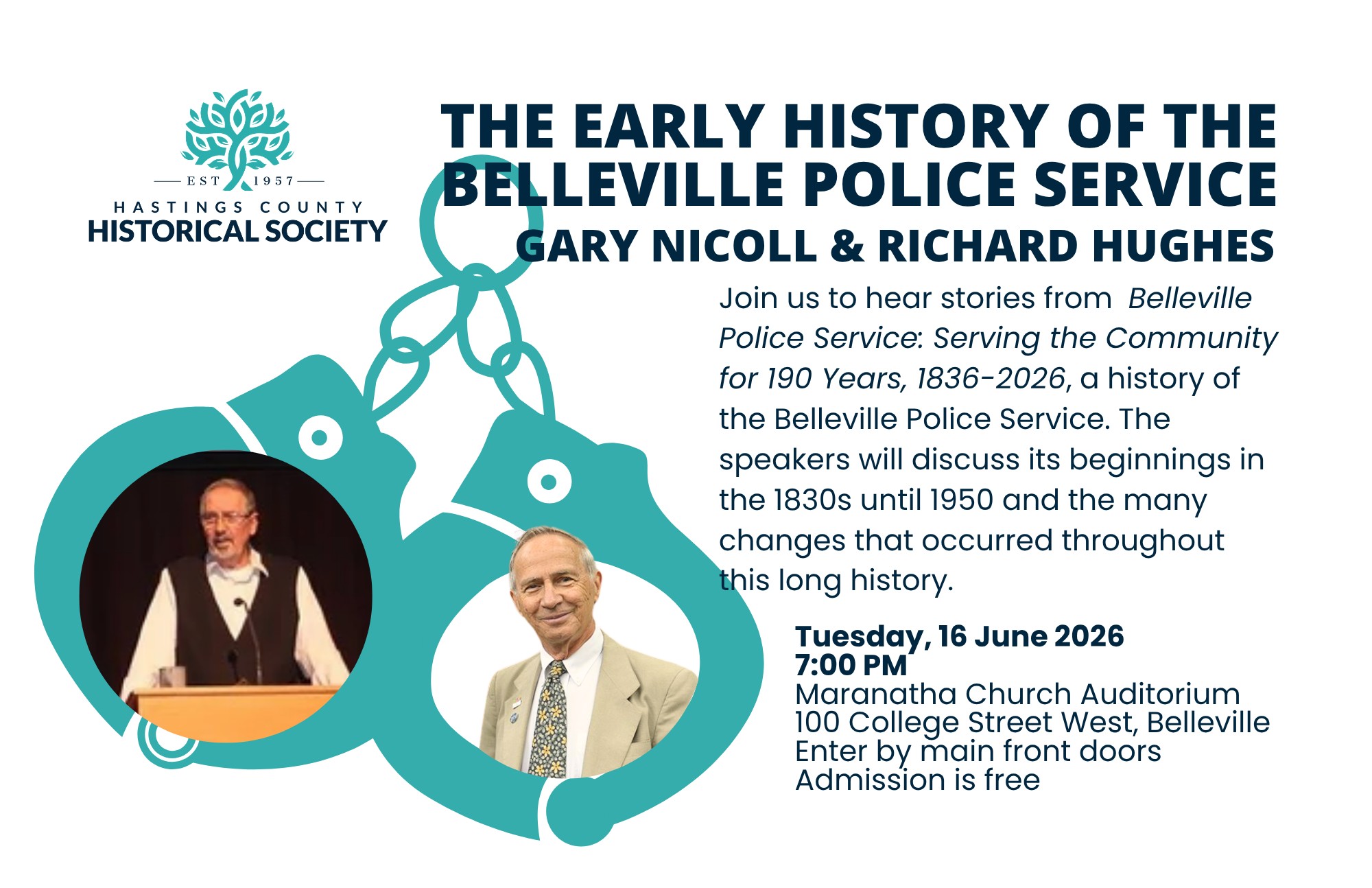 Poster for a talk on the early history of the Belleville police service, taking place at 100 College Street West, Belleville, on 16 June 2026 at 7:00pm.