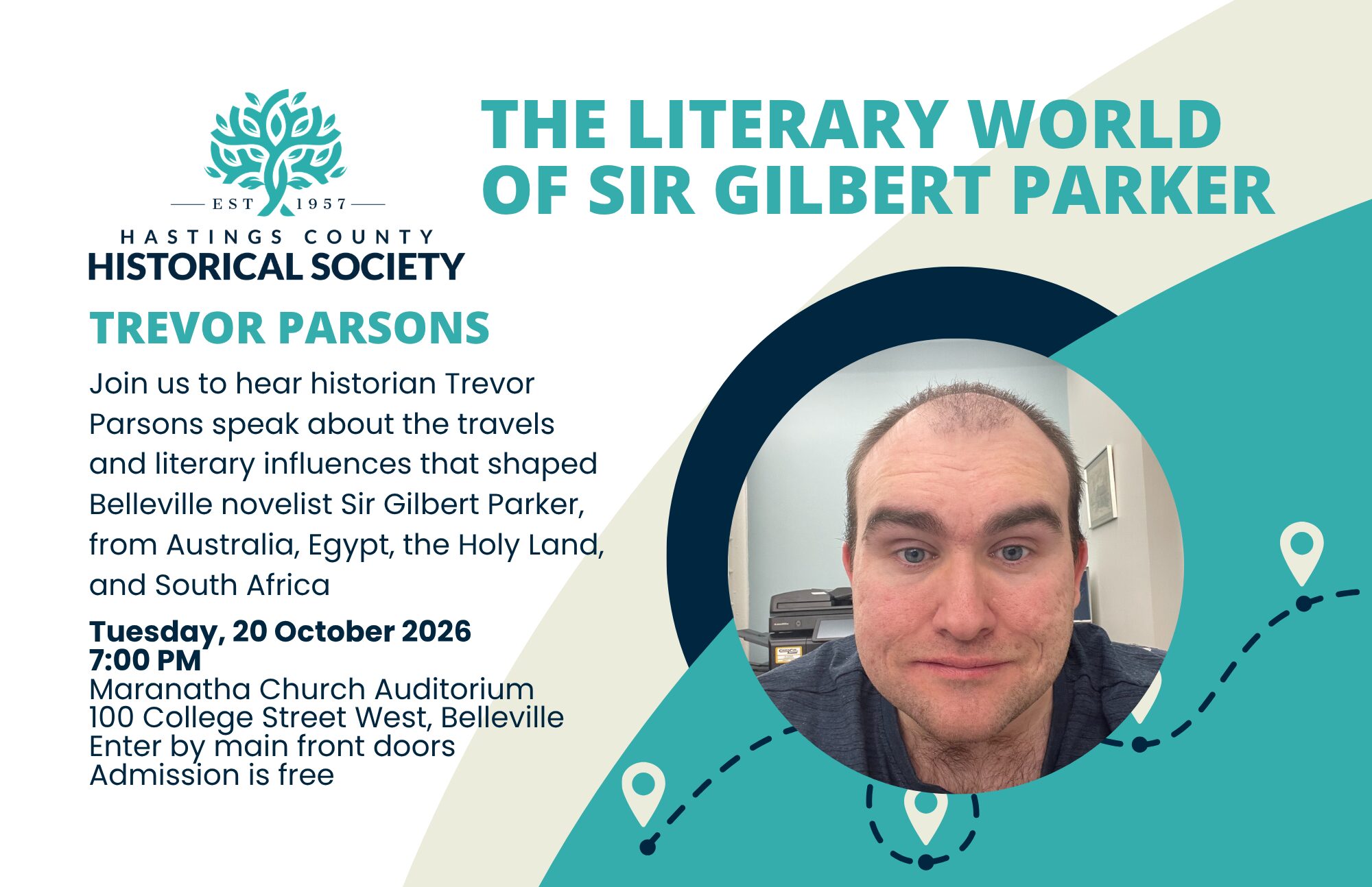 Flyer promoting a free public presentation on the Literary World of Sir Gilbert Parker, October 20, 2026 at 7pm, 100 College St. West, Belleville.